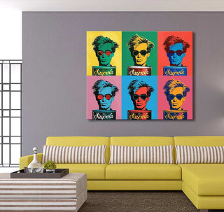 Andy Warhol signature - Soup Cans: six-panel pop-art canvas featuring Warhol’s portrait and soup cans, hung above a mustard-yellow sofa in a modern living room.