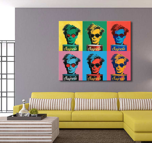 Andy Warhol signature - Soup Cans: six-panel pop-art canvas featuring Warhol’s portrait and soup cans, hung above a mustard-yellow sofa in a modern living room.