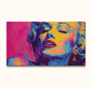 Pop art portrait of Marilyn Monroe with closed eyes and heart-shaped cheek mark, in vivid colors, inspired by Andy Warhol. Ready-to-hang, UV-protected canvas.