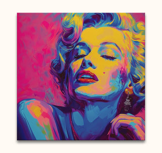 Andy Warhol signature - Marylin Monroe 3: Hand-painted pop art portrait of vintage Hollywood style woman, vibrant neon tones, ready-to-hang on wood frame.