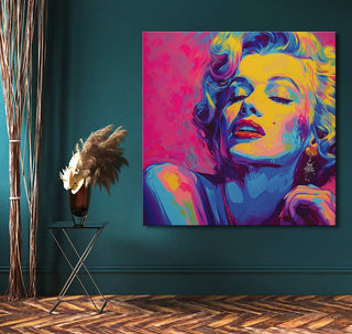Andy Warhol's hand-painted Marylin Monroe 3 pop art portrait on canvas, featuring bold neon hues, displayed above a side table with a vase of dried grasses.