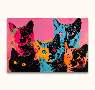 Five neon-colored cat heads in pop-art style, inspired by Andy Warhol. Hand-painted on high-quality canvas, ready to hang without a frame.