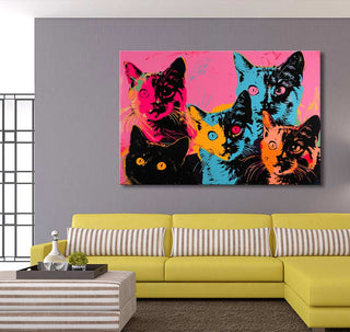 Andy Warhol signature - Cats 2: Pop art canvas featuring five neon cat faces, hand-painted in oil, vibrant centerpiece for modern interiors.