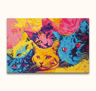 Pop art painting titled Andy Warhol signature - Cats 3, featuring a vibrant cluster of expressive cat heads in bold hues, ready to hang with UV protection.