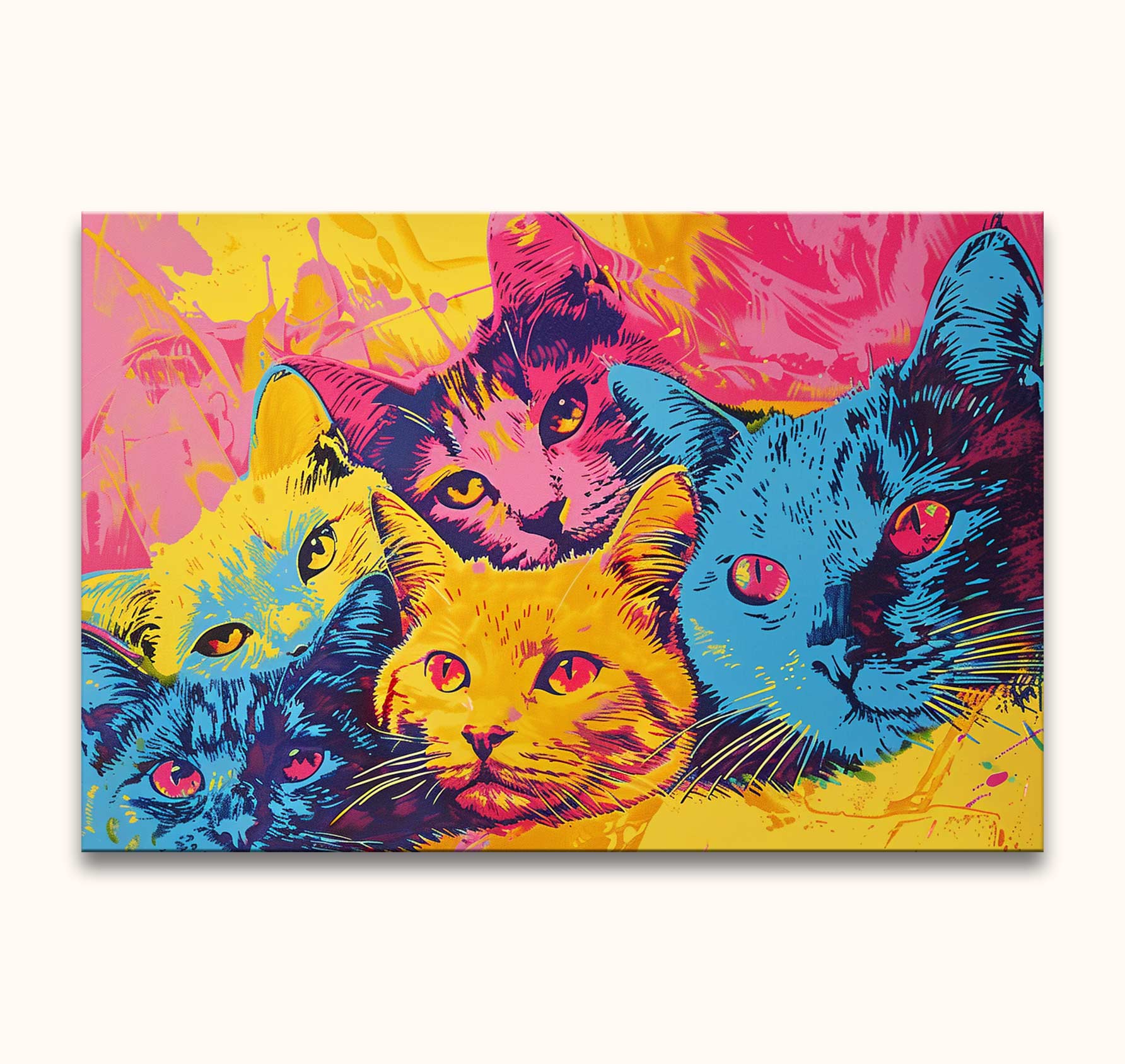 Pop art painting titled Andy Warhol signature - Cats 3, featuring a vibrant cluster of expressive cat heads in bold hues, ready to hang with UV protection.