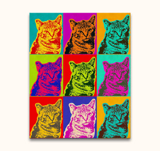 Andy Warhol signature - Cats 4: Pop-art style collage of a tabby cat in nine vibrant panels. Hand-painted oil on canvas, ready to hang, UV-protected.