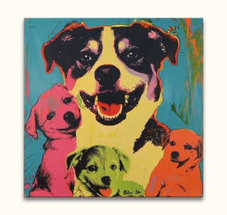 Pop-art oil painting Andy Warhol signature - Dogs 1 featuring a grinning adult dog and three puppies in neon hues, hand-painted on museum-quality canvas.