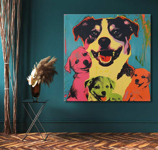 Andy Warhol signature - Dogs 1 pop art canvas featuring dogs' faces. Displayed in a dark-teal room with herringbone wood floor and minimalist decor.