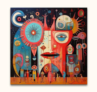 Corneille signature - Dream Head: Large abstract painting featuring a split face in blue and red tones, geometric mouth, and symbolic motifs, hand-painted on museum-quality canvas.