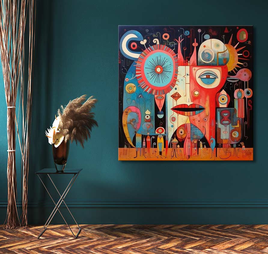 Corneille signature - Dream Head: A vibrant abstract painting with surreal faces and geometric motifs, complemented by minimalist decor including a metal stand and pampas grass.