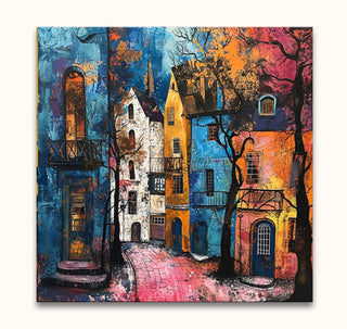 Corneille signature - Dorpsplein: A vibrant, abstract cityscape with textured brushstrokes, depicting a colorful street scene with narrow, winding alleyways and tall, narrow buildings.
