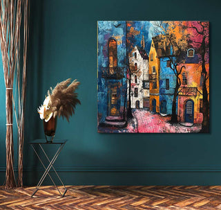 Corneille signature - Dorpsplein: Abstract painting features vibrant townhouses, bare trees, and winding street, inspired by modern cubism, perfect for art enthusiasts.