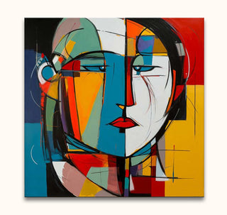 Cubist-inspired oil painting Corneille signature - Thinking Lady, depicting a colorful abstract female portrait with geometric shapes, hand-painted on museum-quality canvas.