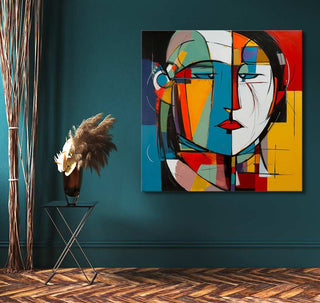 Abstract painting Corneille Signature - Thinking Lady depicts a cubist-style face, mounted on a deep teal wall. Adds vibrant modern art to any space.