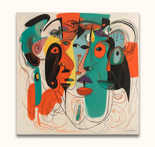 Cubist-inspired painting with overlapping faces and expressive lines, titled Corneille signature - Late Cocktail Party. Hand-painted, ready to hang, perfect for modern art enthusiasts.