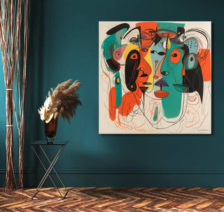 Corneille signature - Late Cocktail Party abstract painting with stylized faces on teal wall. Includes black tripod table, brass vase, and dried grasses.