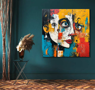 Abstract painting Corneille signature - Evening Eyes on teal wall. Features a stylized face in bold colors, enhancing modern interiors. Includes hanging system.