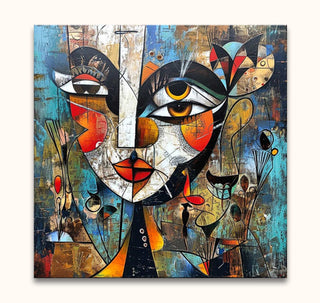 Cubist-inspired Femme Fatale painting showcases an abstract face with geometric shapes and botanical motifs, hand-painted in Corneille's style on museum-quality canvas.