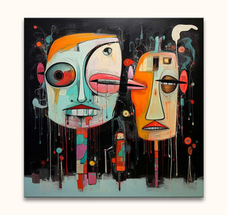 Corneille signature - Habitants du Dessert: Two abstract heads in vibrant colors, set against a dark backdrop with geometric shapes, showcasing expressive, modern artistry.