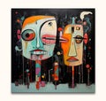 Corneille signature - Habitants du Dessert: Two abstract heads in vibrant colors, set against a dark backdrop with geometric shapes, showcasing expressive, modern artistry.