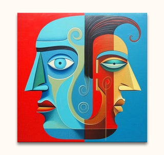 Abstract painting Corneille Signature - Two Faces features dual human profiles in contrasting cool and warm tones, showcasing cubist style and expressive modern art.