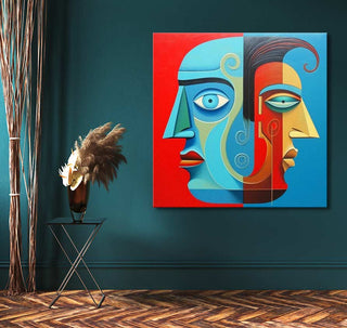 Abstract cubist painting Corneille signature - Two Faces with overlapping profiles in blues, reds, and yellows, displayed on a teal wall.