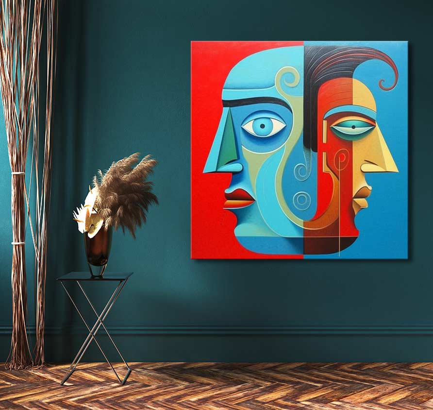Abstract cubist painting Corneille signature - Two Faces with overlapping profiles in blues, reds, and yellows, displayed on a teal wall.