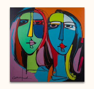 Corneille signature - Twee Dames: Abstract cubist painting of two faces with bold colors and geometric features. Hand-painted on museum-quality canvas, ready to hang.