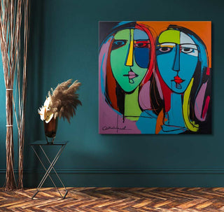Corneille signature - Twee Dames: A vibrant, abstract painting of two stylized faces, enhancing modern interiors with expressive, cubist artistry. Ready-to-hang on museum-quality canvas.