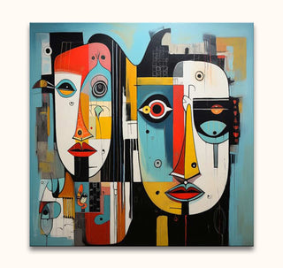 Cubist-inspired painting Corneille signature - Dos Amigos featuring two abstract faces with geometric shapes, capturing modern artistic expression. Ready to hang, UV-protected.