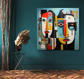 Abstract cubist painting Corneille signature - Dos Amigos featuring two stylized faces, displayed on a teal wall, complemented by minimalist decor.