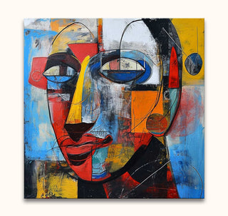 Corneille signature - Mr Smith: A vibrant cubist-style abstract face painting with bold geometric shapes and colors, capturing expressive modern artistry. Ready to hang.