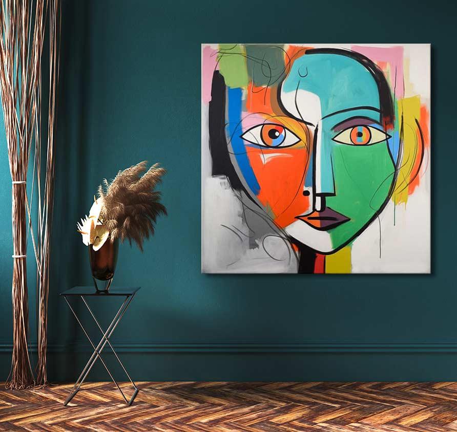 Corneille signature - Audrey Hepburn abstract painting on teal wall, featuring bold colors and cubist style. Displayed with black metal table and pampas vase.