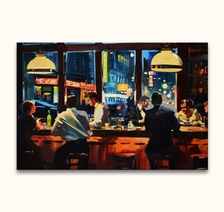 Evening bar scene with patrons, inspired by Edward Hopper's style. Oil on canvas, featuring modern brushwork and cozy city ambiance. Midnight Cafe 1 artwork.