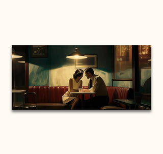 Edward Hopper-inspired scene of a couple in a diner booth, intimate setting. Hand-painted oil on canvas from degrootmeesters.com, ready to hang.
