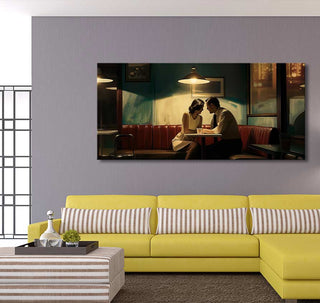 Edward Hopper-inspired Soir Bleu scene of a couple in a diner, hand-painted on museum-quality canvas, depicting cinematic realism.
