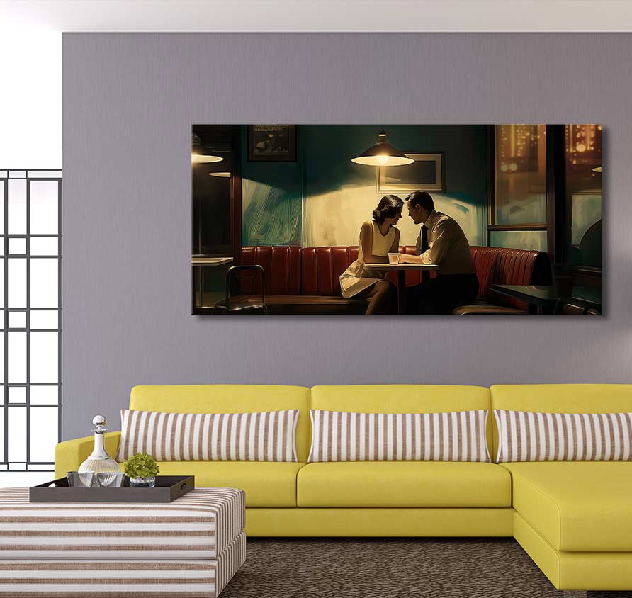 Edward Hopper-inspired Soir Bleu scene of a couple in a diner, hand-painted on museum-quality canvas, depicting cinematic realism.