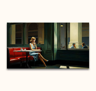 Edward Hopper-inspired painting of a lone woman in a café. Oil on canvas, perfect for modern art lovers seeking interior design elegance.