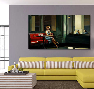 Edward Hopper's Chop Suey inspired artwork, depicting a solitary woman in a diner, enhances this modern living room with its vibrant, hand-painted realism.