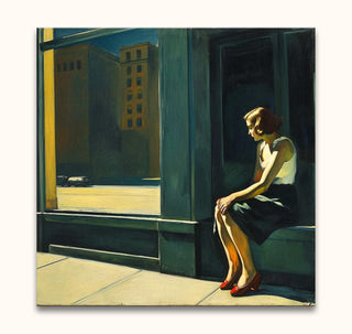 Edward Hopper-inspired painting of a woman in red shoes on a building stoop, evoking urban solitude. Titled New York Office, hand-painted, ready to hang.