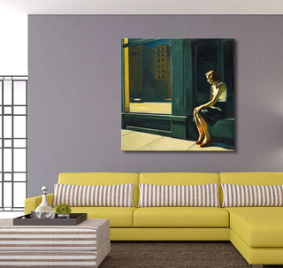 Edward Hopper signature - New York Office painting: depicts a lone woman in sunlight on a city stoop, ideal for modern art enthusiasts.