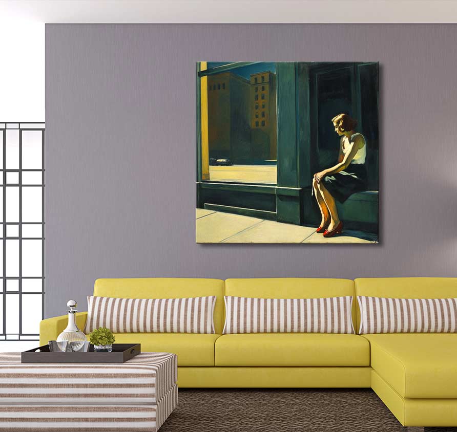 Edward Hopper signature - New York Office painting: depicts a lone woman in sunlight on a city stoop, ideal for modern art enthusiasts.