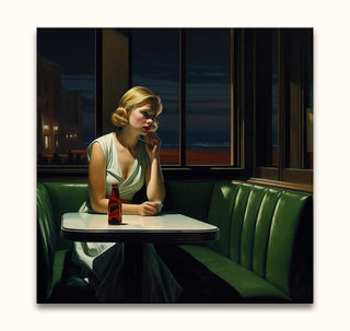 Edward Hopper-inspired painting, Compartment C, depicts a lone woman in a diner at night. Hand-painted with oil on museum-quality, UV-protected canvas.