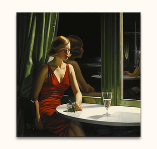 Edward Hopper signature - Waiting Lady oil painting; a solitary woman in a red dress at a café table, introspective mood, high-quality hand-painted art.