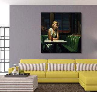 Edward Hopper signature painting Compartment C in a modern living room. Hand-painted, high-quality oil on canvas, ready to hang without a frame.