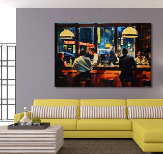 Edward Hopper signature - Midnight Cafe 1: A vibrant bar scene painting with patrons at a counter, perfect for modern interiors. Oil on canvas, ready to hang.