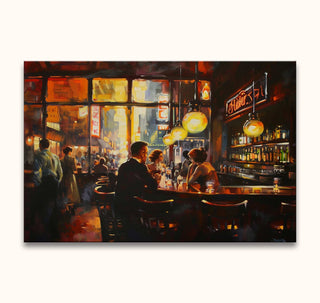 Edward Hopper-inspired city-bar scene with three patrons, oil on high-quality canvas. Ideal for modern art enthusiasts; ready to hang with UV protection.