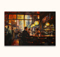 Edward Hopper-inspired city-bar scene with three patrons, oil on high-quality canvas. Ideal for modern art enthusiasts; ready to hang with UV protection.