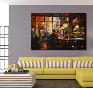 Edward Hopper signature - Midnight Cafe 2: Busy bar scene at night with patrons and glowing lights. Hand-painted oil on canvas, ready to hang, UV-protected, no frame needed.