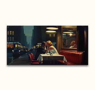 Edward Hopper-inspired painting of a couple in a diner at night. Hand-painted, oil on canvas, capturing a romantic moment. High-quality, ready to hang.